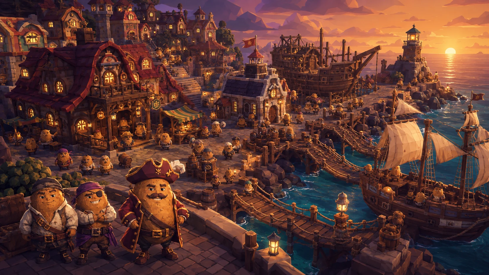 An intricate harbour full of potato characters and sailing ships at sunset
