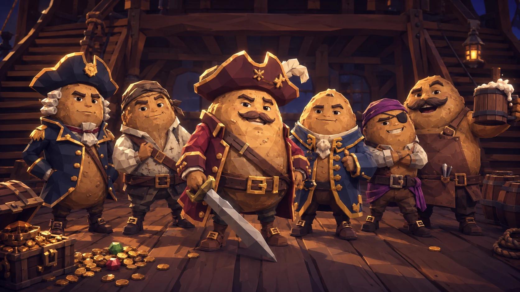 A colourful crew of six potato pirates pose together aboard their ship